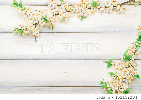 Spring background may flowers and April floral nature on wooden background. Branches of blossoming. Easter spring greeting cards with copy space. Springtime. Spring background may flowers and April floral nature on wooden background. Branches of blossoming. Easter spring greeting cards with copy space. Springtime. 102152281