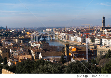 Panoramic view of Florence. Cattedrale di Santa Maria del Fiore. a bright morning day in Italy. Panoramic view of Florence. Cattedrale di Santa Maria del Fiore. a bright morning day in Italy. 102153606