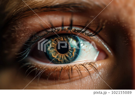 Soulful close-up of a young woman's eye in deep blue color. Macro view of the pupil and iris with focus on the beautiful skin. Perfect for emotion and beauty photography. AI Generative. 102155089