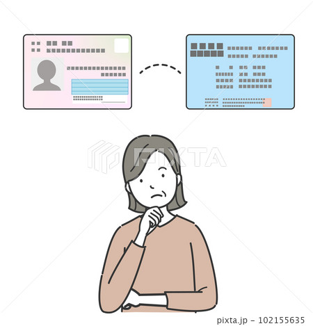 考える中高年の女性とマイナンバーカード、健康保険証 考える中高年の女性とマイナンバーカード、健康保険証 102155635