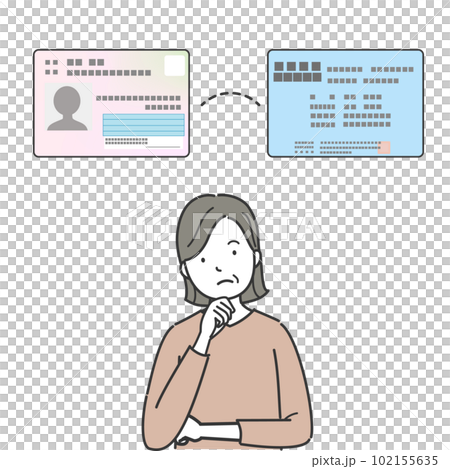 考える中高年の女性とマイナンバーカード、健康保険証 考える中高年の女性とマイナンバーカード、健康保険証 102155635