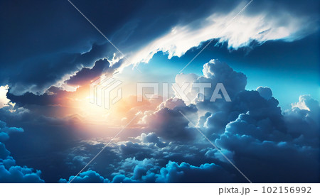 Generative AI, Dreamy Blue and White Cloudscape at Sunrise/Sunset 102156992
