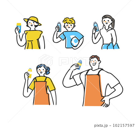 水分補給のため手にペットボトルを持つ人々　セット　イラスト素材 102157597
