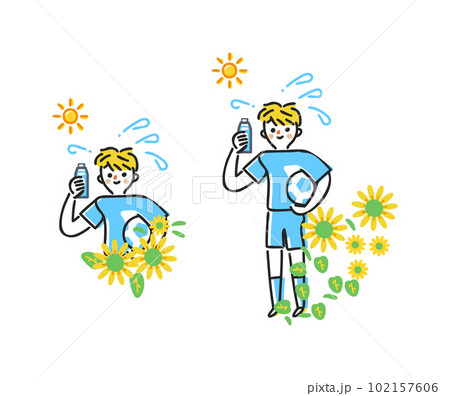 真夏の水分補給 ひまわりと太陽 サッカーのユニフォームを着た少年 セット イラスト素材 真夏の水分補給 ひまわりと太陽 サッカーのユニフォームを着た少年 セット イラスト素材 102157606