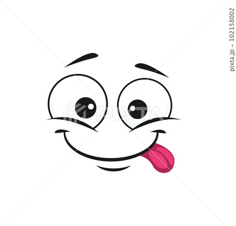 Cartoon face, happy smile vector emoji with sticking tongue. Joyful facial expression with goggle eyes, funny glad cute character, positive feelings isolated on white background Cartoon face, happy smile vector emoji with sticking tongue. Joyful facial expression with goggle eyes, funny glad cute character, positive feelings isolated on white background 102158002