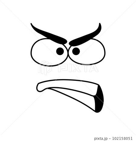 Angry smile face emoticon, disgruntled comic smiley with annoyed grumbling mouth. Vector isolated cartoon line emoji Angry smile face emoticon, disgruntled comic smiley with annoyed grumbling mouth. Vector isolated cartoon line emoji 102158051