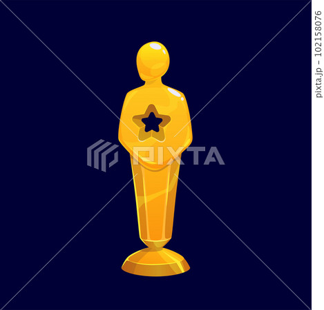 Gold award in shape of male statue with star on body isolated cartoon trophy. Vector golden celebrity lady statuette, ceremony prize sculpture for winner in sport competition. Victory Hollywood reward Gold award in shape of male statue with star on body isolated cartoon trophy. Vector golden celebrity lady statuette, ceremony prize sculpture for winner in sport competition. Victory Hollywood reward 102158076