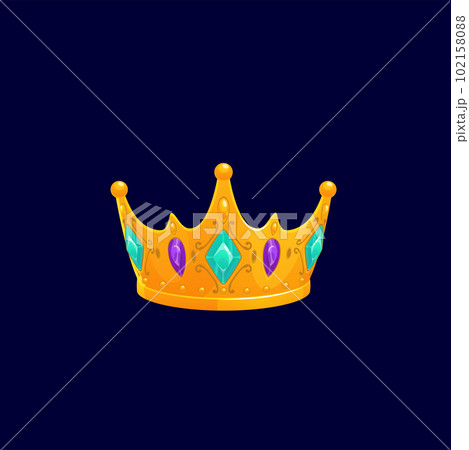 Golden crowns of king or queen decorated by precious gem stones isolated cartoon icon. Vector royal gold monarchy medieval emperor coronation symbol. Crowning headdress for monarch, imperial sign 102158088