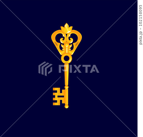 Retro gold key padlock and protection icon isolated vintage object. Vector golden treasure, metal decorative ornamental opener, luxury symbol of security, solution and safety, discovery award Retro gold key padlock and protection icon isolated vintage object. Vector golden treasure, metal decorative ornamental opener, luxury symbol of security, solution and safety, discovery award 102158095