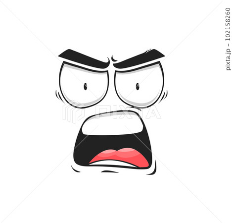 Cartoon angry shout face vector yelling or scream character emoji with mad eyes and open yell mouth. Furious facial expression, aggressive feelings, isolated comic personage with furrowed brows 102158260