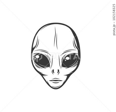Face of extraterrestrial alien with big black eyes, hypothetical life person, cosmic civilizations character isolated monochrome portrait. Vector futuristic paranormal humanoid, outerspace creature 102158325
