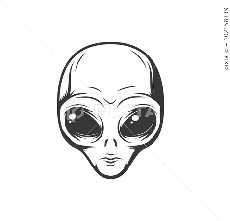 Face of extraterrestrial alien isolated futuristic paranormal humanoid monochrome icon. Vector person from hypothetical life, cosmic civilizations character. Outerspace creature with big black eyes 102158339