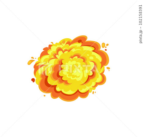 Orange burning blast of radioactive air bomb isolated fire boom bang. Vector radiation demolition, explode of gas, atomic weapon. Burst effect, fiery cloud bomb explosion, fire buen ignite flame 102158391