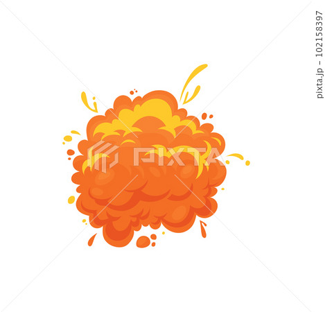Atomic bomb explosive detonation isolated fat cartoon icon. Vector boom effects, smoke elements for game ui design, orange fiery inferno. Nuclear bomb explosion, cartoon dynamite danger comic cloud 102158397