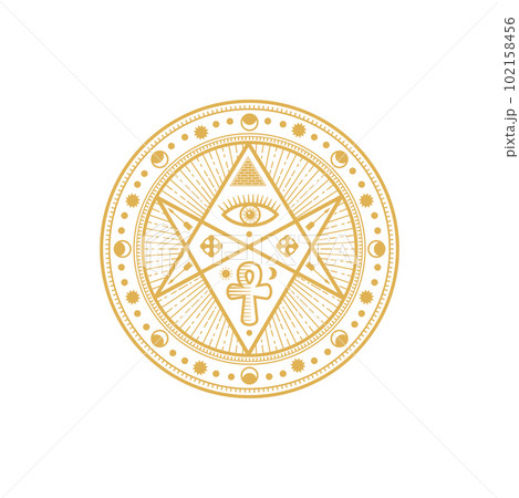 Tribal talisman, tarot sign with pyramid, eye and ankh, geometry circle with ancient Egypt ornaments isolated golden circle. Vector tarot talisman, ethnic mason or freemason symbol of fortune, coin Tribal talisman, tarot sign with pyramid, eye and ankh, geometry circle with ancient Egypt ornaments isolated golden circle. Vector tarot talisman, ethnic mason or freemason symbol of fortune, coin 102158456