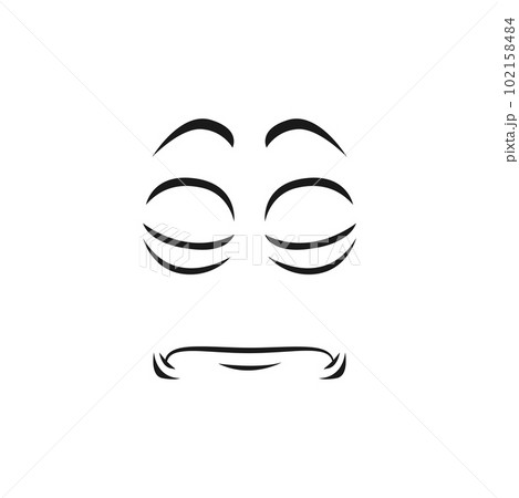 Cartoon mournful or sad face, vector unhappy emoji. Upset negative feelings, pained facial expression with tightly closed mouth and eyes. Comic character sadness emotion isolated on white background Cartoon mournful or sad face, vector unhappy emoji. Upset negative feelings, pained facial expression with tightly closed mouth and eyes. Comic character sadness emotion isolated on white background 102158484