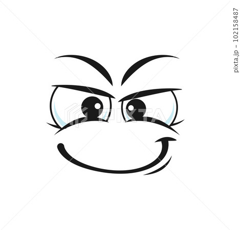 Cartoon smirk face, vector smiling emoji with wink eyes and simper mouth. Funny character facial expression, canny or varmint feelings, comic personage 102158487
