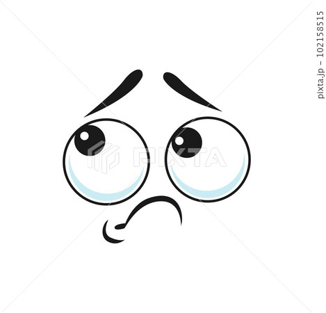 Cartoon sad face, vector unhappy or upset emoji. Negative feelings, sadness emotion, pained facial expression with pathetic eyes and closed curved mouth isolated on white background Cartoon sad face, vector unhappy or upset emoji. Negative feelings, sadness emotion, pained facial expression with pathetic eyes and closed curved mouth isolated on white background 102158515