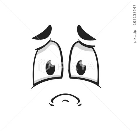 Cartoon sad face, vector plaintive look, unhappy or upset emoji personage. Tragic facial expression with corners of the mouth curve down. Isolated character negative feelings, sadness emotion 102158547