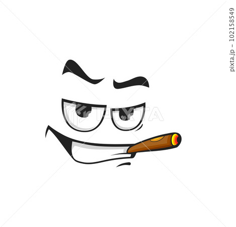 Cartoon smoking face, vector character with cigar in mouth. Self confident smoker personage with toothy smiling and squint eyes. Mafia or gigolo grin 102158549