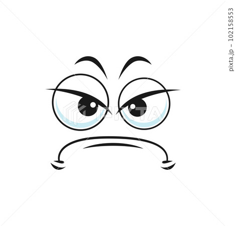 Cartoon face negative expression, vector displeased emoji with squinted eyes look sullenly and closed mouth with corners curved down. Sullen facial emoji, isolated personage bad feelings 102158553
