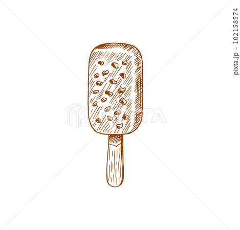 Sketch popsicle ice cream, vector sweet creamy dessert with nuts. Engraved icecream with chocolate glaze on stick. Dairy product, summer food isolated on white background Sketch popsicle ice cream, vector sweet creamy dessert with nuts. Engraved icecream with chocolate glaze on stick. Dairy product, summer food isolated on white background 102158574
