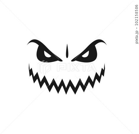 Malevolent Halloween monster, pumpkin face vector icon. Scary evil emoji with toothy smile, creepy squinted eyes. Ghost, jack lantern isolated monochrome emotion 102158586