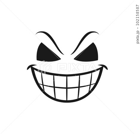 Halloween smiling face vector icon, scary evil smile, creepy monster eye holes and laughing toothy mouth. Ghost, jack lantern or demon isolated monochrome sign 102158587