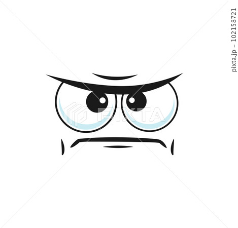 Displeased cartoon face, vector emoji with squinted eyes look sullenly and closed mouth with corners curved down. Negative facial expression, sullen feelings isolated on white background 102158721