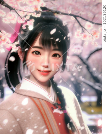 桜吹雪舞う中微笑する女性 102159120