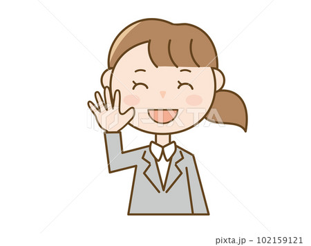 笑顔で手を上げて挨拶をするスーツ姿の女性_女性会社員 102159121