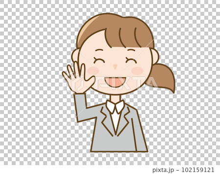 笑顔で手を上げて挨拶をするスーツ姿の女性_女性会社員 102159121