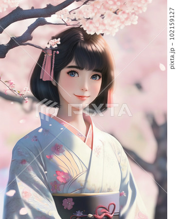 桜吹雪舞う中微笑する女性 102159127