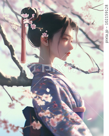 桜吹雪舞う中微笑する女性のイラスト素材 [102159128] - PIXTA