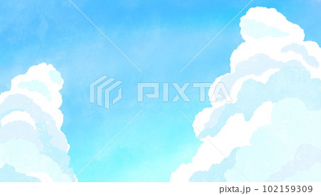 夏の空、入道雲が浮かぶグラデーションの空の背景 シンプルでかわいい手描きの水彩イラスト 102159309