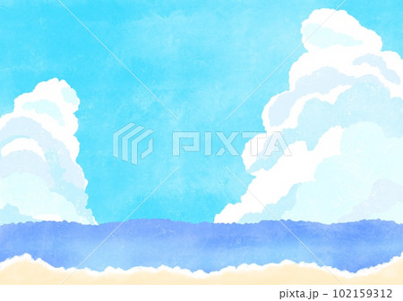 夏の空、入道雲が浮かぶの空と海と砂浜の背景 シンプルでかわいい手描きの水彩イラスト 102159312