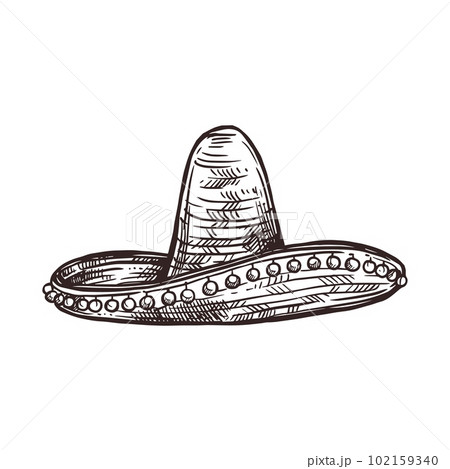 Mexican sombrero hat, Mexico holiday fiesta hat, vector hand drawn sketch. Cinco de Mayo or 5 May celebration, traditional Mexican sombrero hat with sketch ornament 102159340