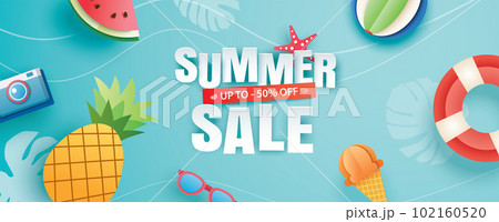 Summer sale with decoration origami on blue sky background. Paper art and craft style. Summer sale with decoration origami on blue sky background. Paper art and craft style. 102160520
