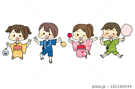 甚平を着た男の子たちと浴衣を着た女の子たちがジャンプしてるイラスト 102160544