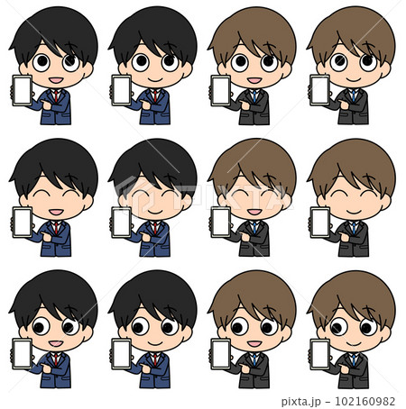 笑顔でスマホ画面を指差す男性のバストアップイラスト6種類セット(＋色違い) 102160982