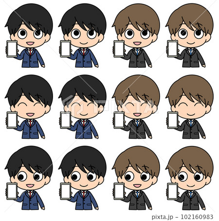 笑顔でスマホ画面を見せる男性のバストアップイラスト6種類セット(＋色違い) 102160983