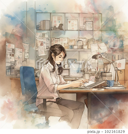 AI水彩画風のイメージで描く日本の会社で働く女性の後ろ姿 AI水彩画風のイメージで描く日本の会社で働く女性の後ろ姿 102161829