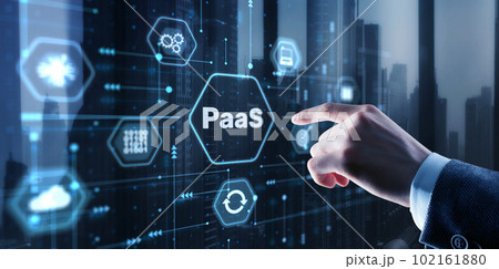 Hand pressing button on interface PaaS, Platform as a Service. Internet and networking concept 102161880