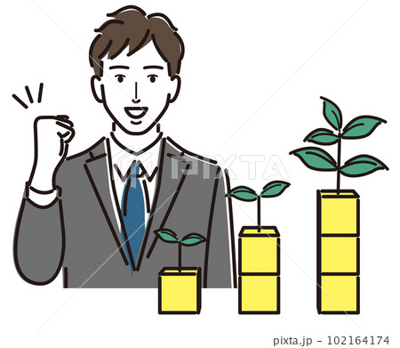 積立とガッツポーズするビジネスマン 積立とガッツポーズするビジネスマン 102164174