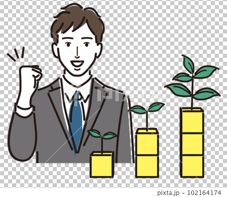 積立とガッツポーズするビジネスマン 積立とガッツポーズするビジネスマン 102164174