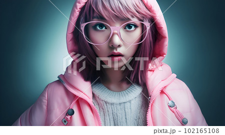 大きなメガネとピンクのフーディーが印象的な若い女の子【AI生成画像】 102165108