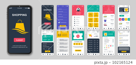 Shopping mobile app screens set for web templates. Pack of login, assortment goods, prices, online ordering, shop rating and other mockups. UI, UX, GUI user interface kit for layouts. Vector design Shopping mobile app screens set for web templates. Pack of login, assortment goods, prices, online ordering, shop rating and other mockups. UI, UX, GUI user interface kit for layouts. Vector design 102165124