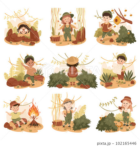Little Children in the Jungle Looking in Binoculars Exploring and Examining Map Tropical Environment Vector Illustration Set Little Children in the Jungle Looking in Binoculars Exploring and Examining Map Tropical Environment Vector Illustration Set 102165446