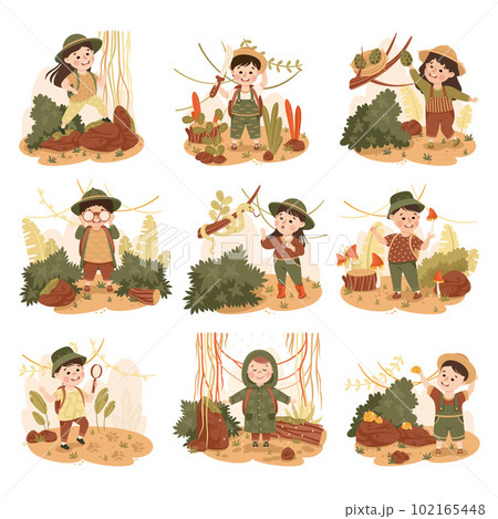 Little Children in the Jungle Looking in Binoculars and Following Trail Exploring Tropical Environment Vector Illustration Little Children in the Jungle Looking in Binoculars and Following Trail Exploring Tropical Environment Vector Illustration 102165448
