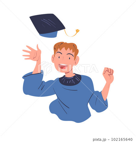 Joyful Man Graduate Character Throwing Academic Cap Up in the Air Rejoicing and Celebrating Successful Exam Vector Illustration 102165640